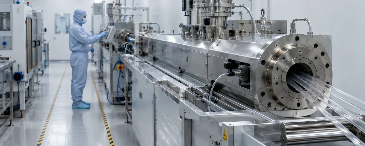 Precision medical tubing extrusion process inside an ISO classified cleanroom showing clear plastic pharmaceutical grade tubes being manufactured with strict regulatory compliance Precision medical tubing extrusion process inside an ISO classified cleanroom showing clear plastic pharmaceutical grade tubes being manufactured with strict regulatory compliance